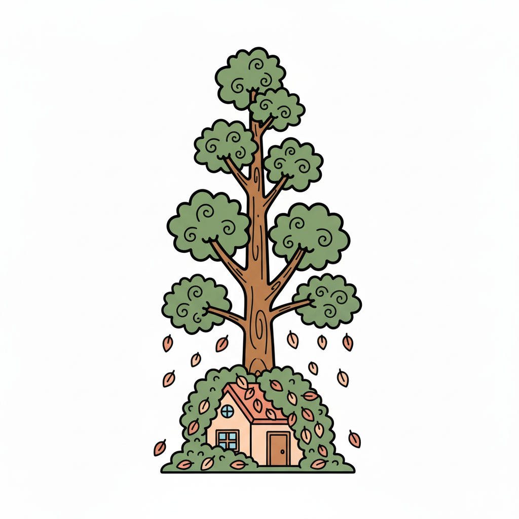 木が家にかかっている剪定が必要なイラスト