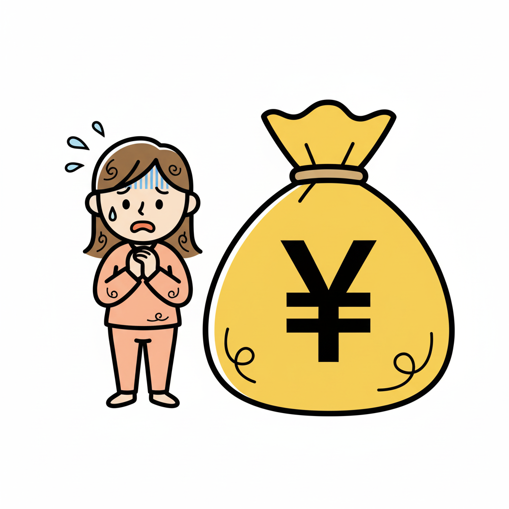 お金の袋（黄色）と不安な人（肌色）のイラスト