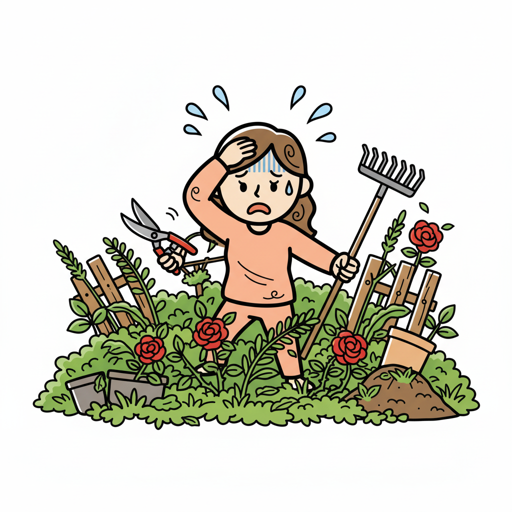 庭の手入れが大変な女性のイラスト